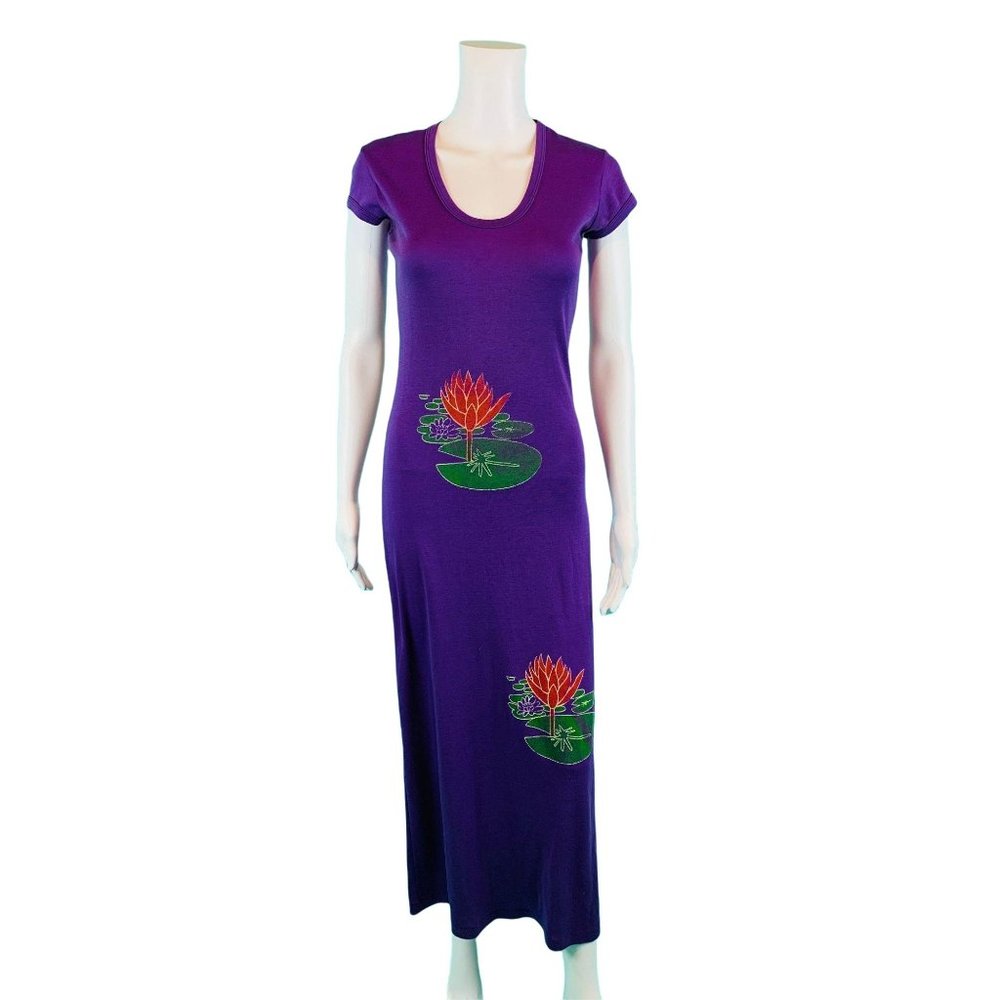 Vintage 70s T Shirt Dress Womens XXS Purple Lily Pad Graphic Print